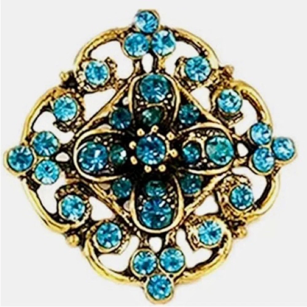 Austrian Crystal Rhinestone Fashion Brooch Pin, Blue, Aqua, Gold (DIAMOND)